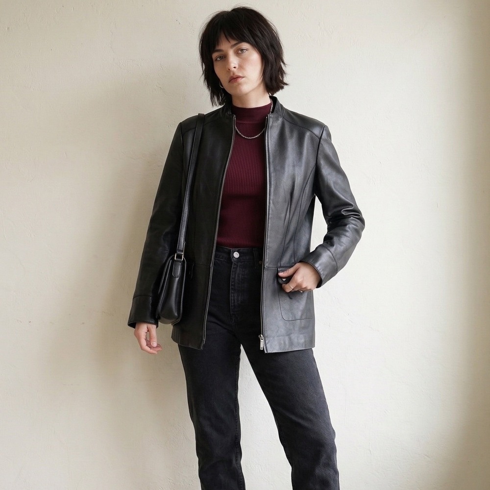 Vintage Crocodile Ladies Lamb Leather Jacket Womens Small Black Full Zip Moto‎